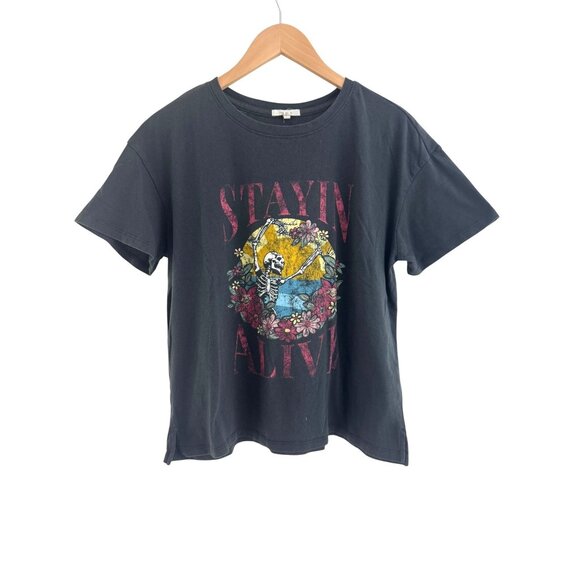 Stayin Alive Floral Skeleton Graphic Tee Gray Crop T-Shirt Soft Knit‎ Size M - Picture 2 of 8